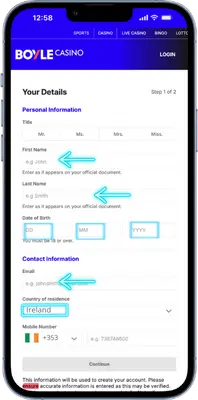 BoyleSports registration form for personal details