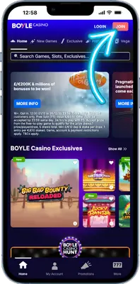 BoyleSports Casino homepage with menu and login/registration button