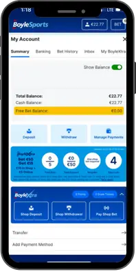 BoyleSports account page displaying cash balance and payment controls